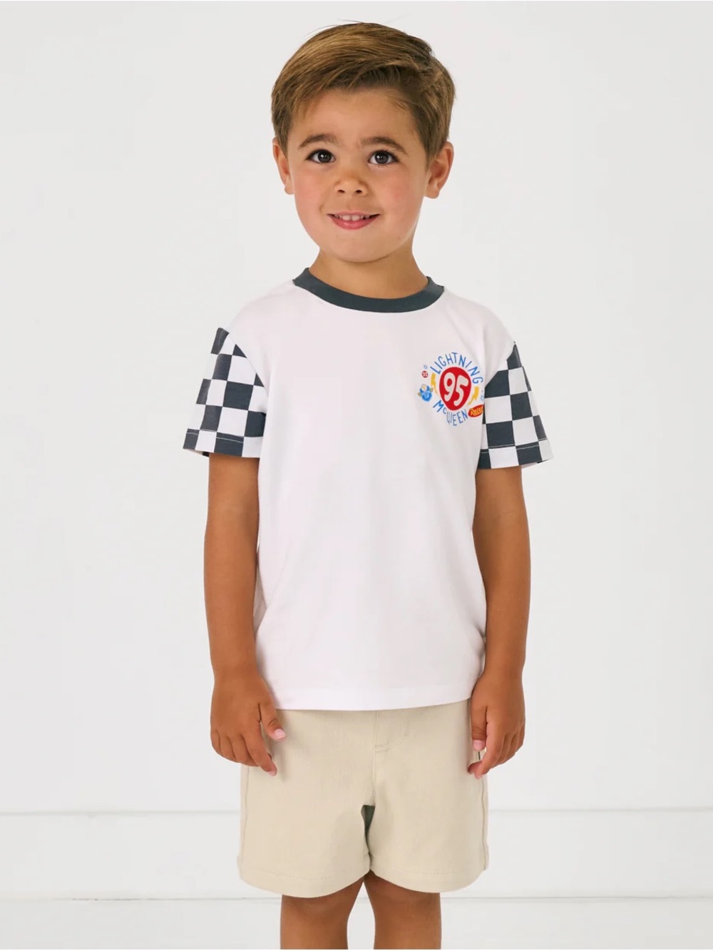 Little Sleepies Lightning McQueen Car Checkered Sleeve Kids Tee